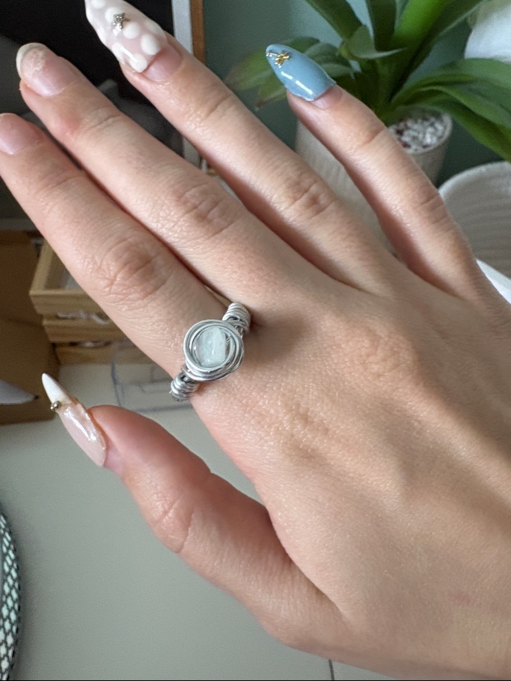 Silver Wire Wrap Ring with Pale Blue Stone - Women Jewelry (Size 6)